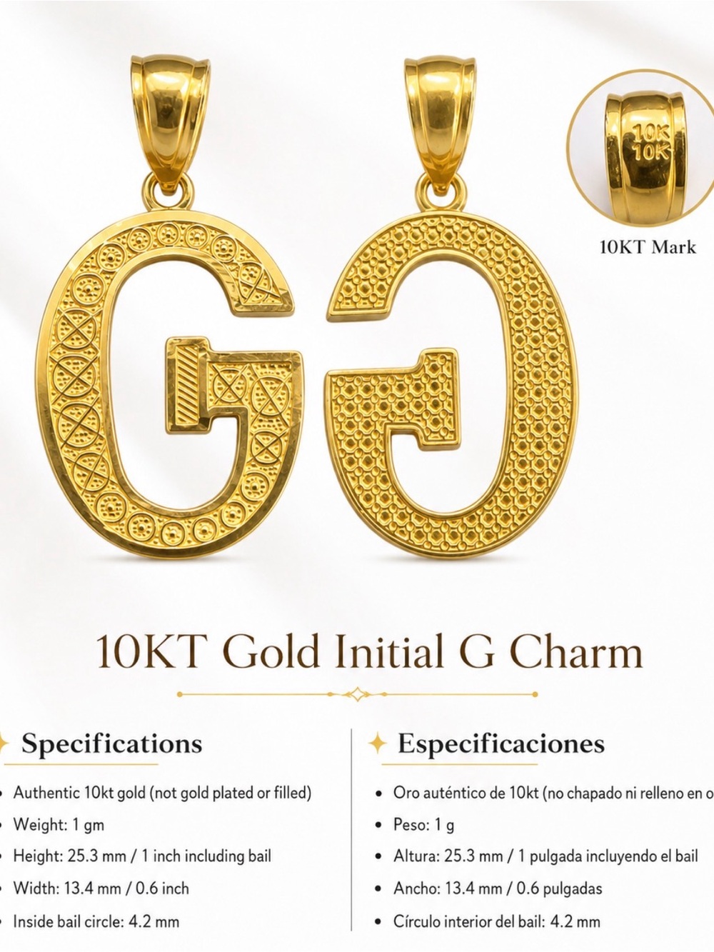 10KT Gold Initial G Charm Pendant - Polished Gold Letter G